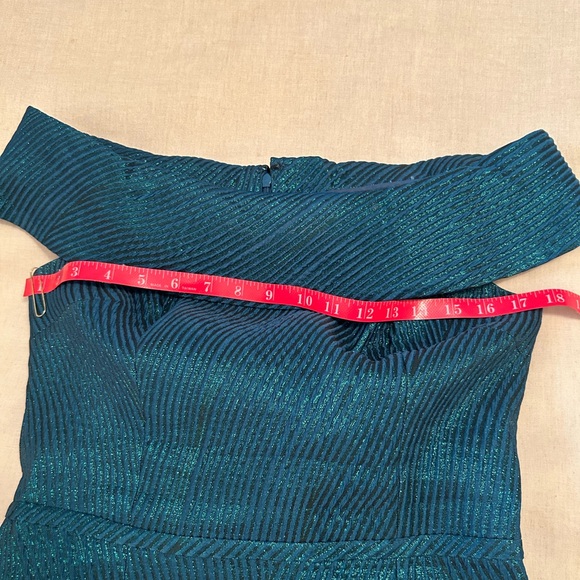 Teri Jon for Rickie Freeman Teal Off The Shoulder Long Dress Gown - Picture 11 of 14